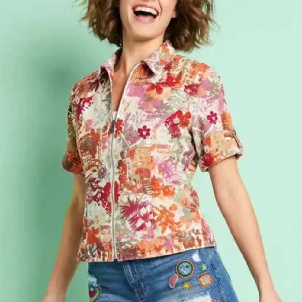 Multicolor Linen Cotton Blend Zip Up Top